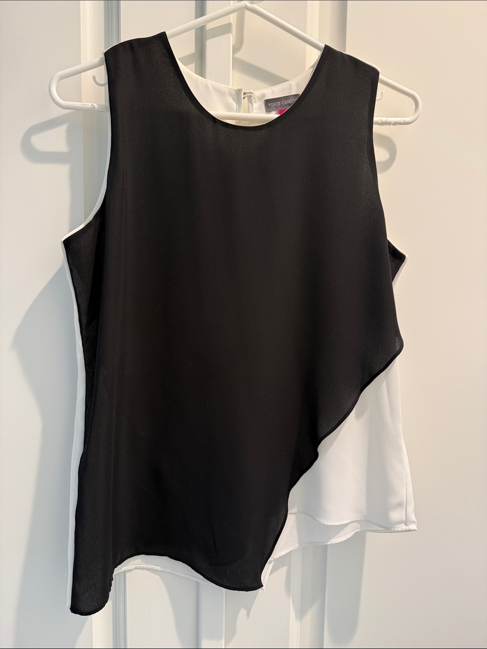 Vince Camuto Black & White Asymmetrical Sleeveless Overlay Top